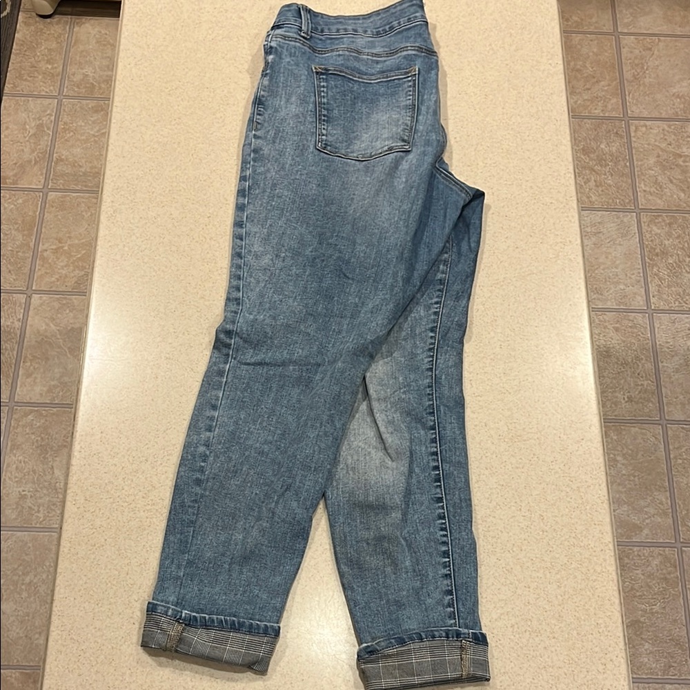 Blue Denim Jeans with Plaid Cuffs